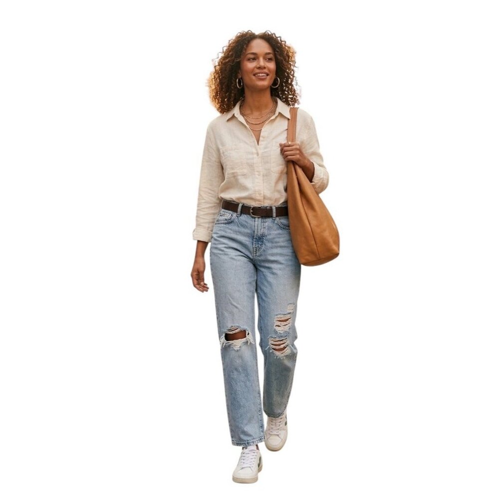 Free People High Rise Jeans Sz 28 Distressed Straight Leg Light Wash Button Fly